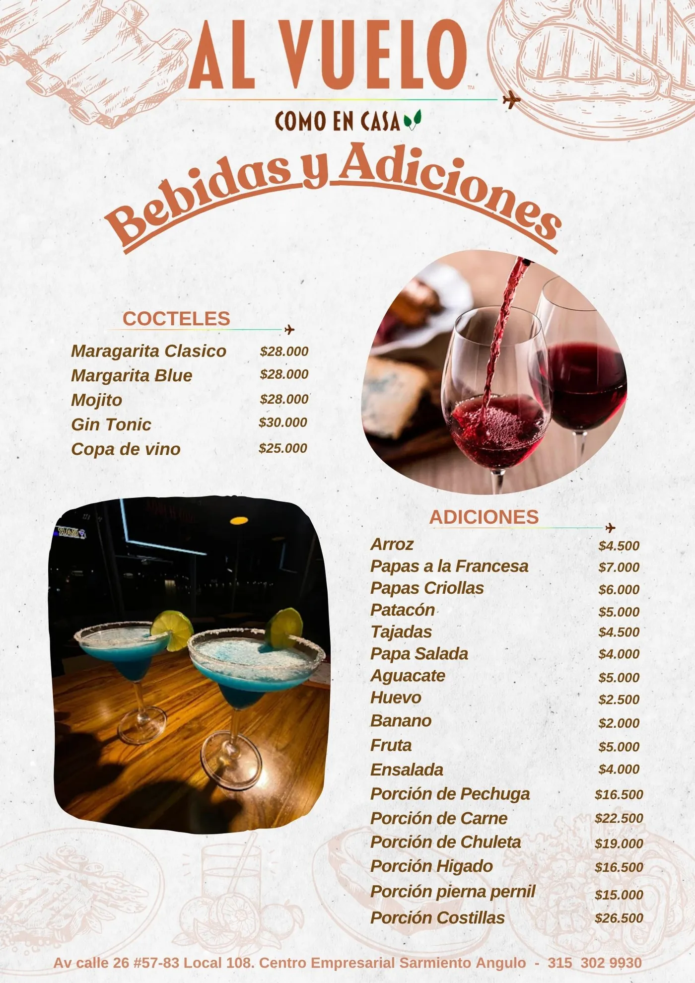 Bebidas y adiciones Al Vuelo: cócteles y porciones adicionales
